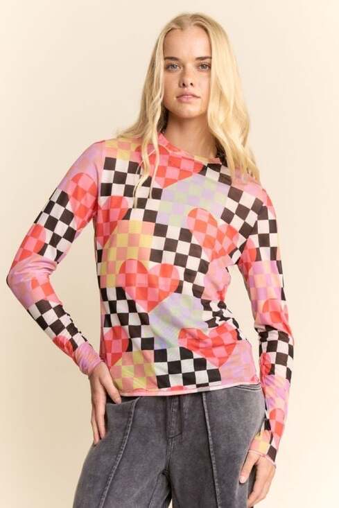 Davi & Dani Y2k Long-Sleeve Mesh Crop Top in Hearts Multi Checker - Picture 2 of 6